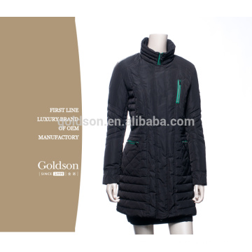 Hot Sell Women Long Goose Down Coat com zíperes de contraste